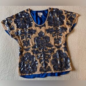 Neiman Marcus XS beaded blouse, Royal blue and tan colors